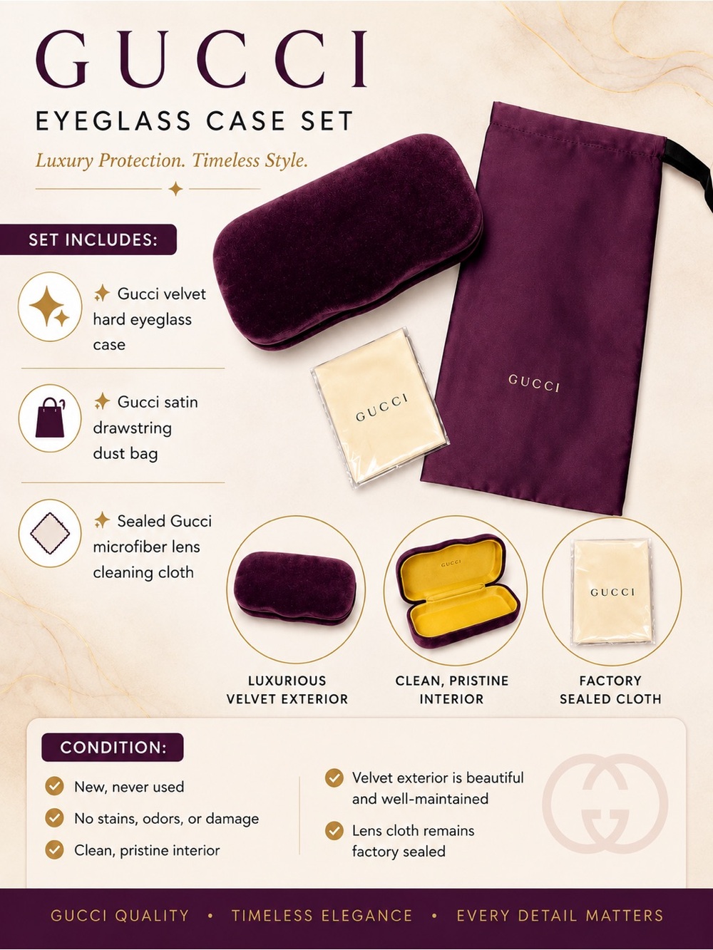 Gucci Purple Velvet Eyeglass Case Dust Bag & Lens Cloth Set NEW